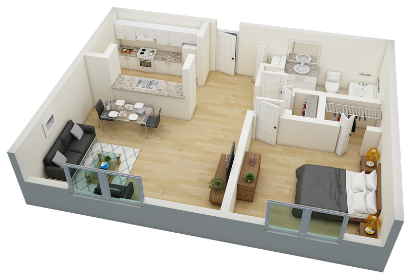 530 square foot 3D floor plan of Villa Seton one bedroom, one bathroom apartment